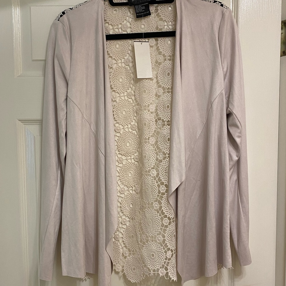 White suede and lace throw over cardigan